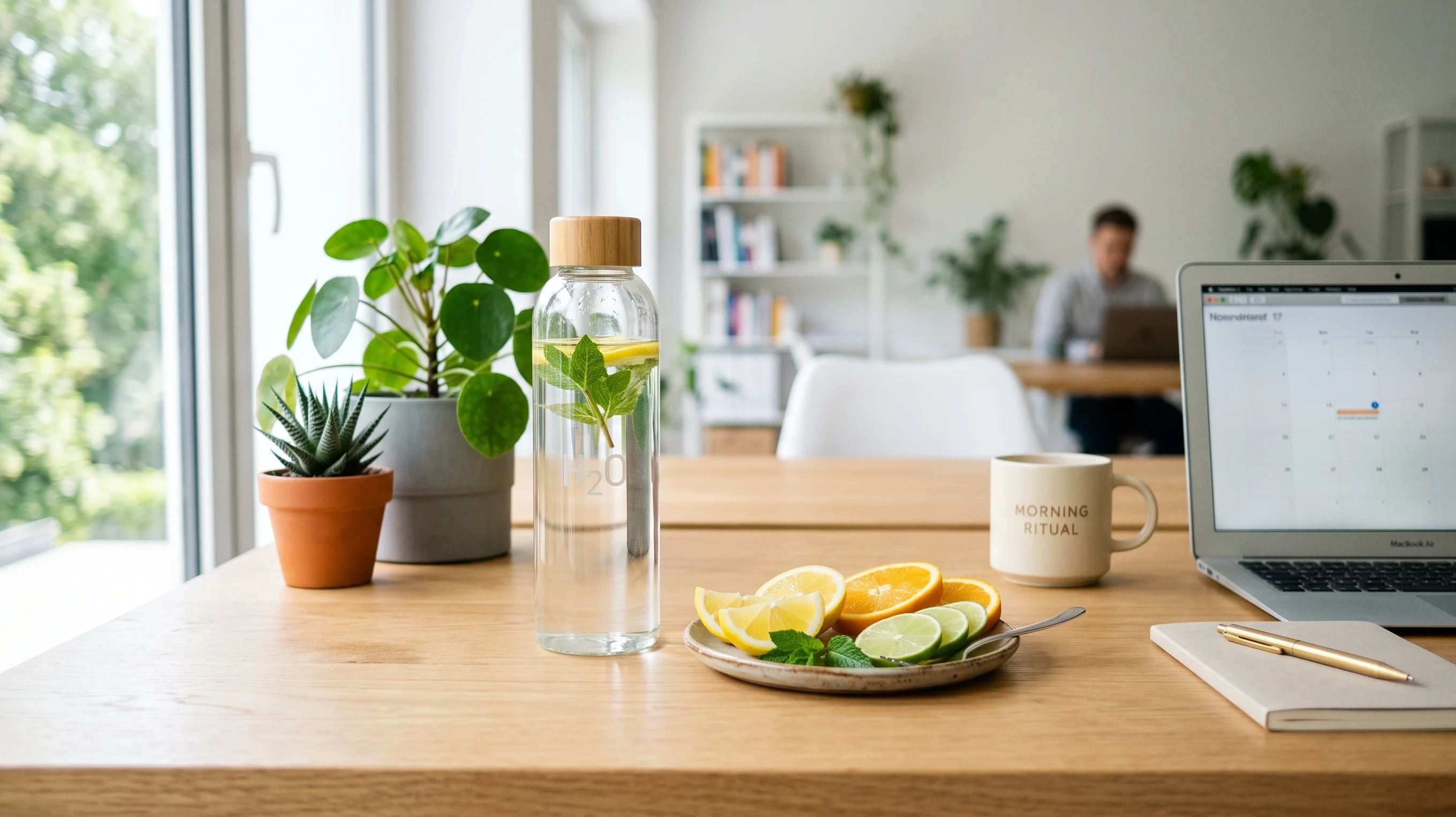 clear glass water bottle and fruit on a bright office desk