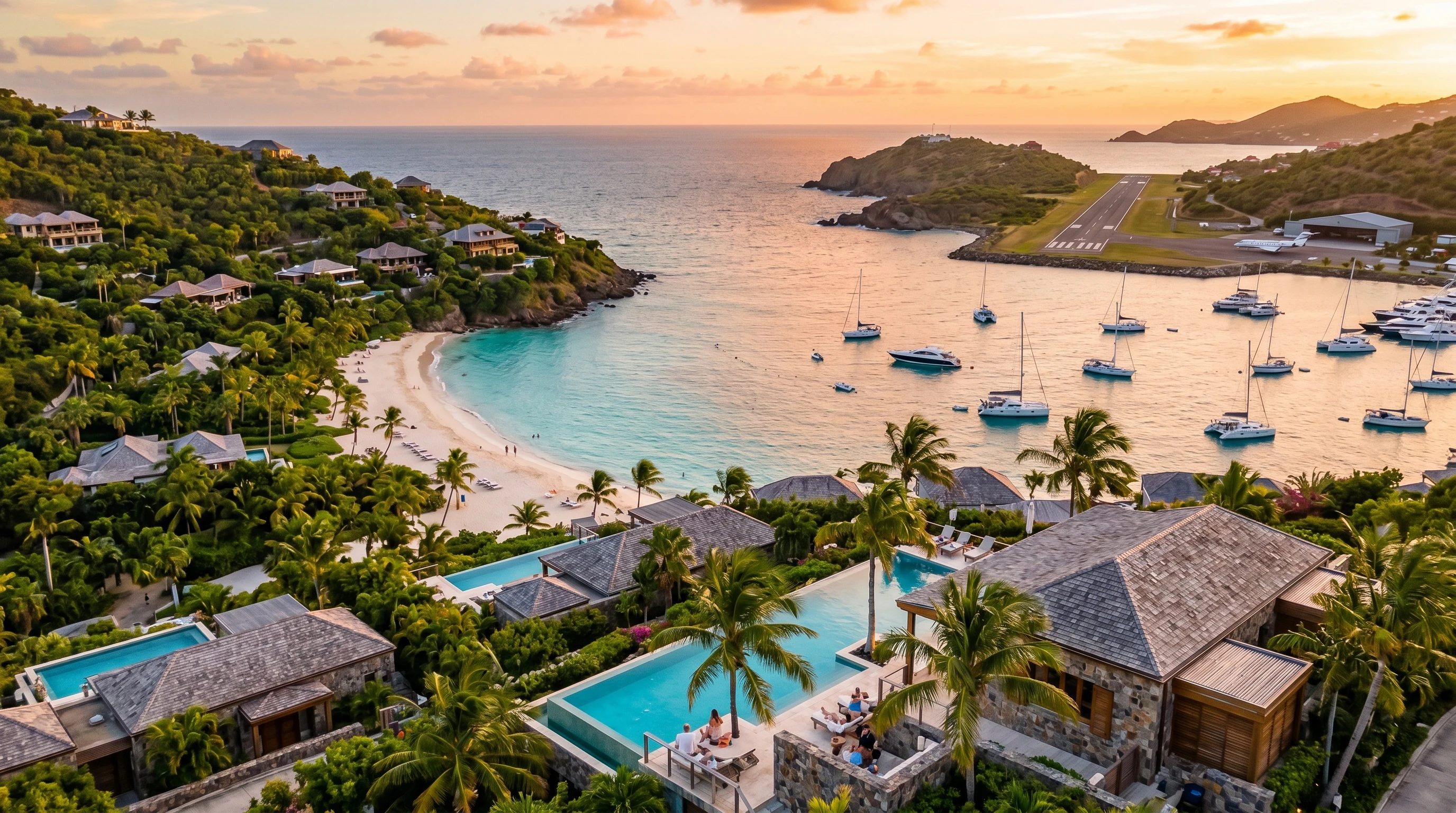 A lush view over turquoise waters, white sand beaches, and luxury villas at St. Barts during golden hour. Palm trees sway near private infinity pools, yachts dot the calm sea, and a private jet rests on a local airstrip in the background.